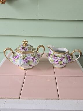 Porcelain Purple Floral Sugar Bowl and Creamer Set with Gold Trim